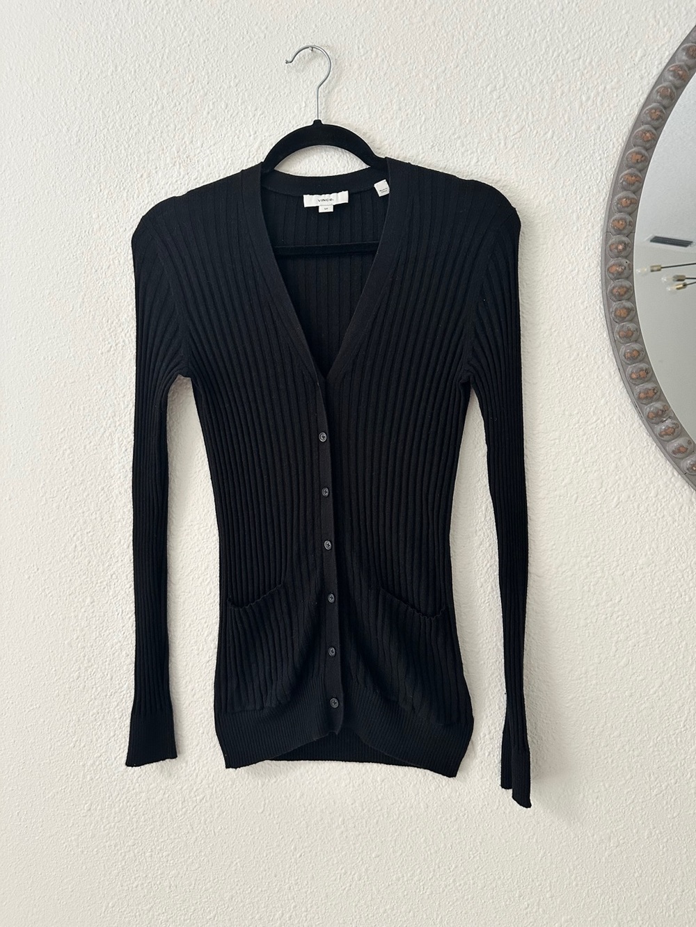 Vince Black Ribbed V-Neck Button Cardigan Sweater - Women